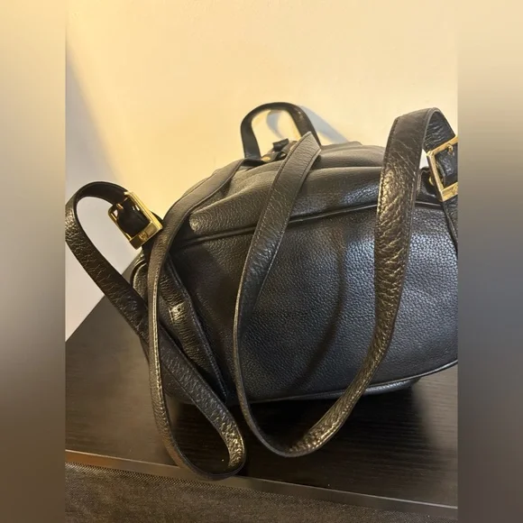MCM Black Leather Backpack with Gold Accents and draw strings 12"x11" - Picture 8 of 16